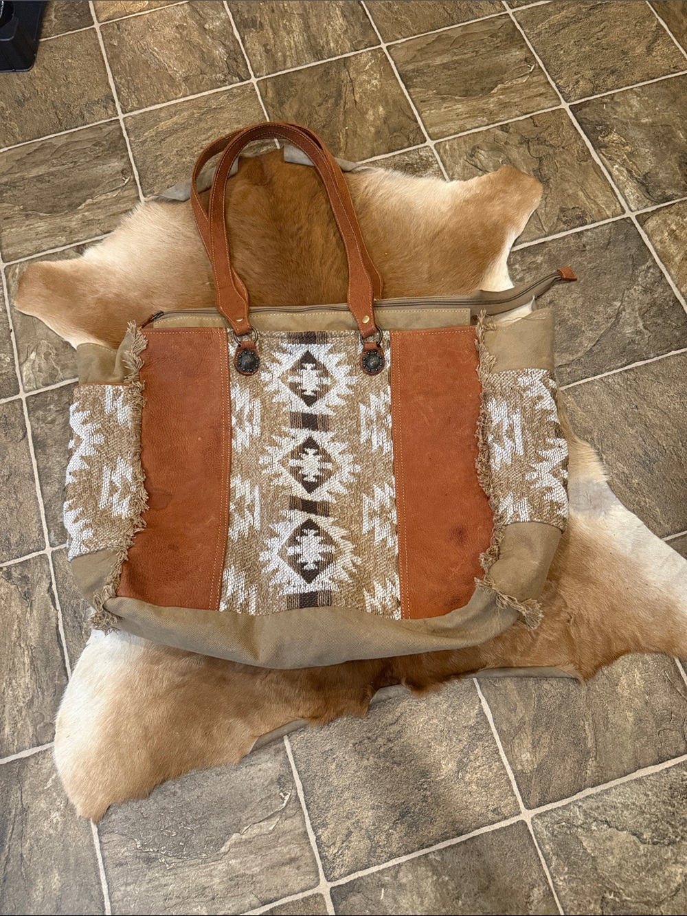 MYRA Boho Southwestern Tote Bag in Rust and Cream - Women Bags